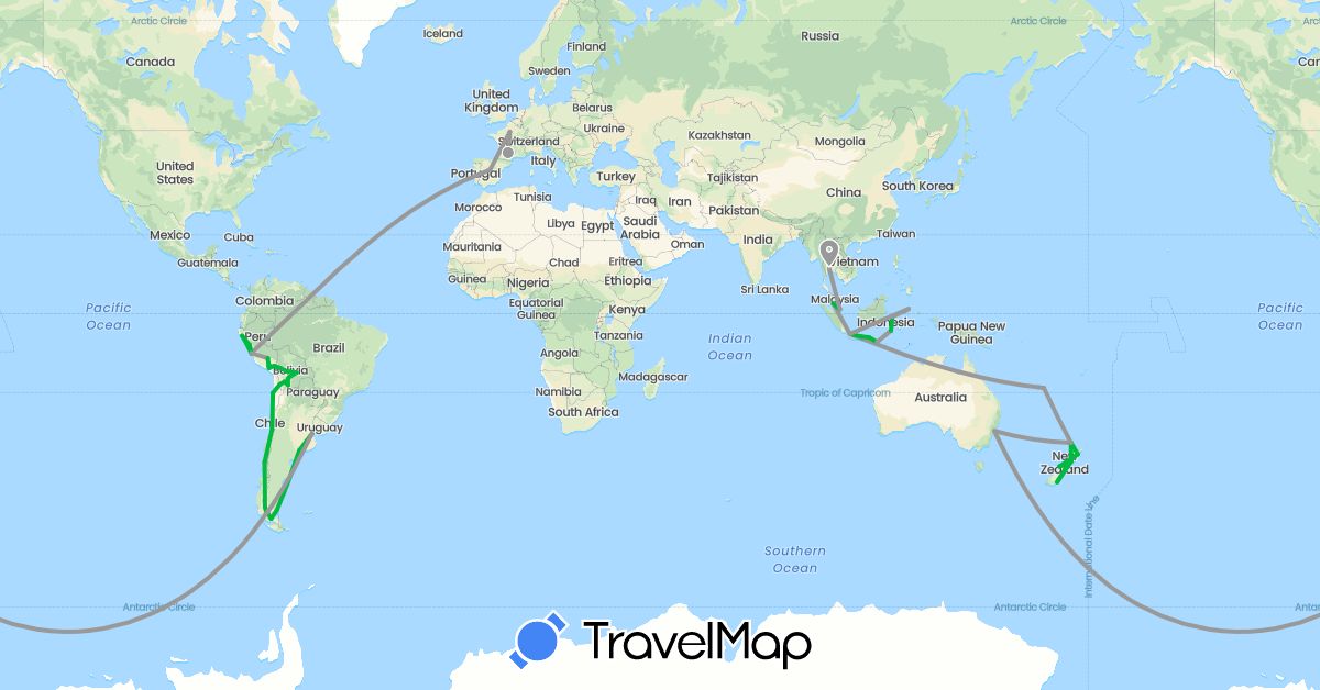 TravelMap itinerary: driving, bus, plane in Argentina, Australia, Bolivia, Chile, Spain, Indonesia, Malaysia, New Caledonia, New Zealand, Peru, Singapore, Thailand (Asia, Europe, Oceania, South America)